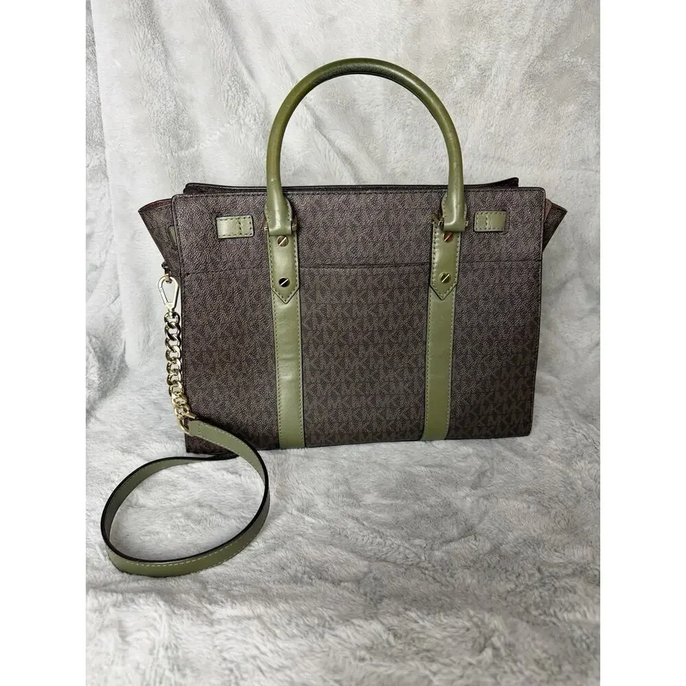 Michael Kors Nouveau Hamilton Large Satchel Bag Brown MK Logo Olive Green Trim